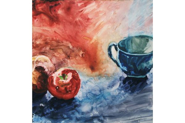 Still life with Apple, gouache on Yupo, 11x11 in.